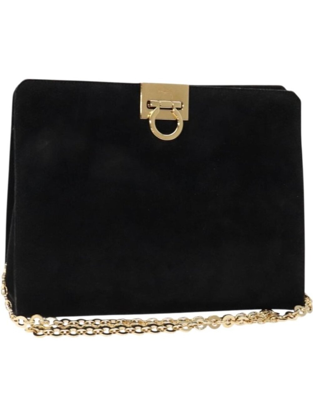 Salvatore Ferragamo Gancini Chain Shoulder Bag Suede Black Gold